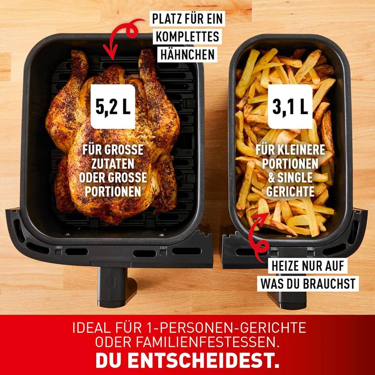 Tefal Dual Easy Fry Heißluftfritteuse Doppelkammer, 5,2/3,1 L Fassungsvermögen, zwei unabhängige Schubladen, 7 automatische Programme, energiesparend, schwarz, EY9018