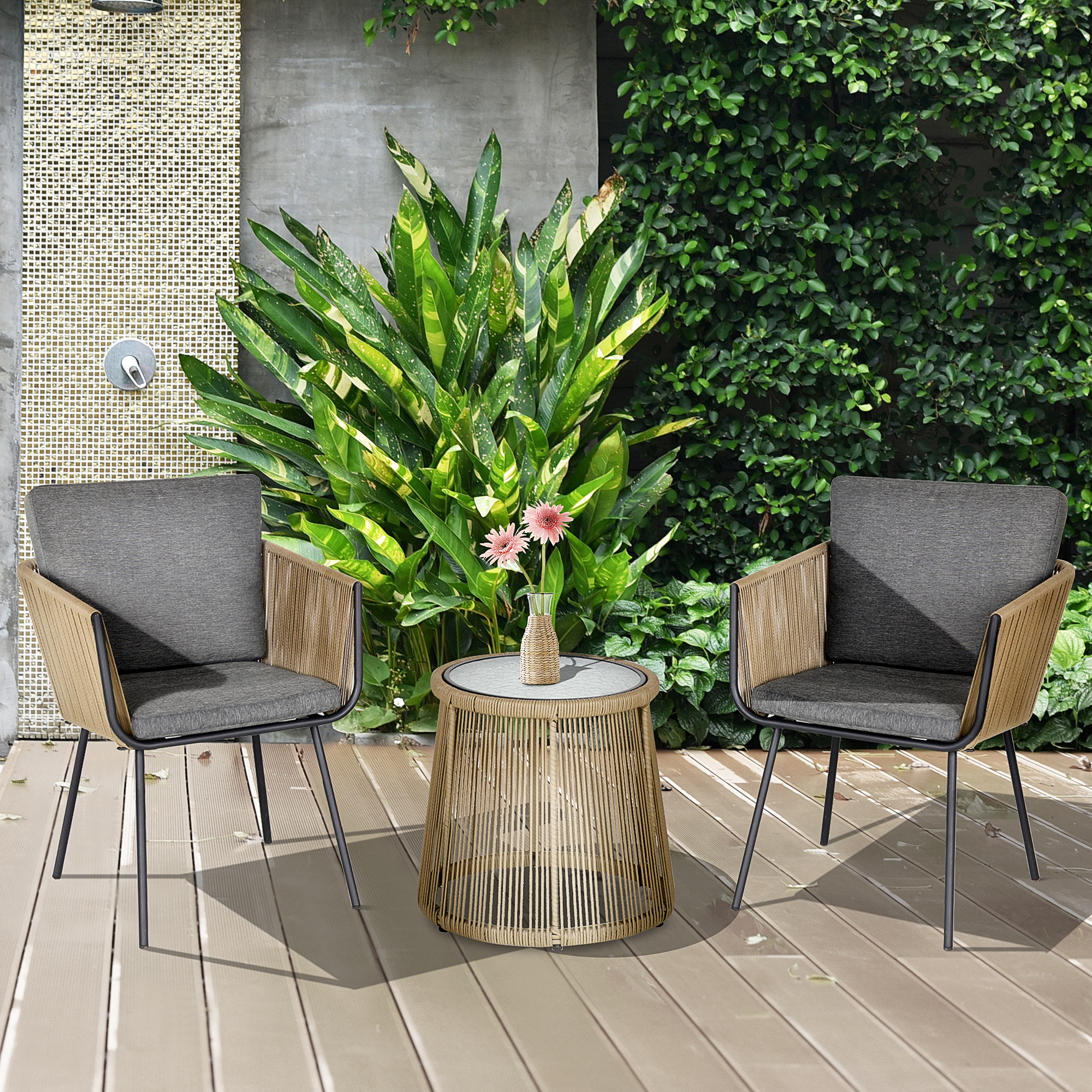 3-delige loungeset, 2 stoelen, bijzettafel, zit- en rugkussens, gehard glazen tafelblad, kunstrotan, grijs