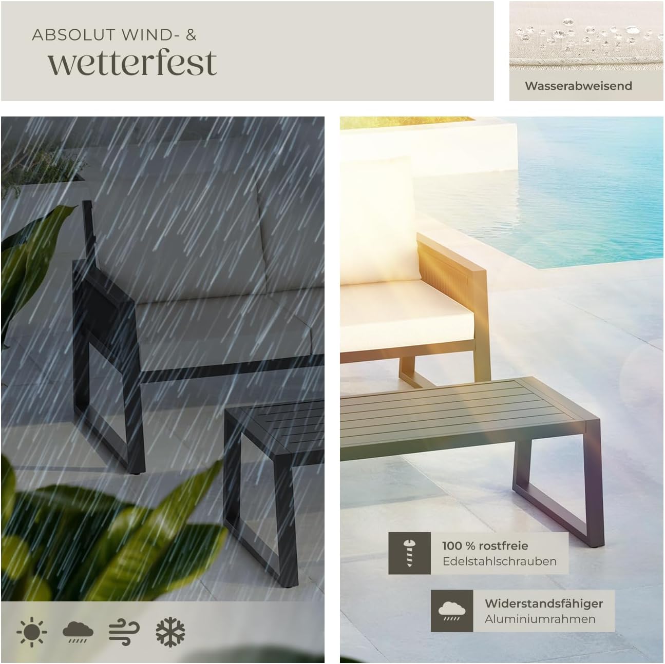 tectake® Rope Design Lounge Möbel Set für Garten oder Balkon, Aluminium Outdoor Sitzgruppe Terrassenmöbel mit Sofa und Tisch in Holz Optik, inkl. Gartenmöbel-Kissen, wetterfest