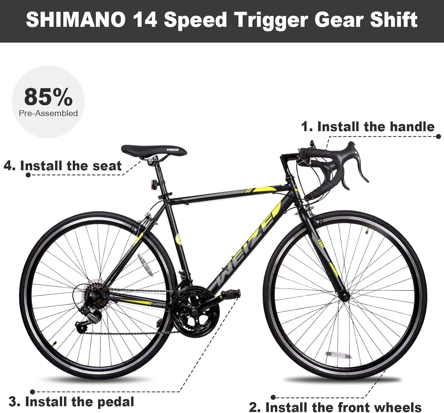 WEIZE Road Bike, 700C Wheel City Commuter Bicycle, Shimano 14 Speed Drop Bar, Racing Adult Bike with Caliper Brakes, High-Carbon Steel Hybrid Bikes