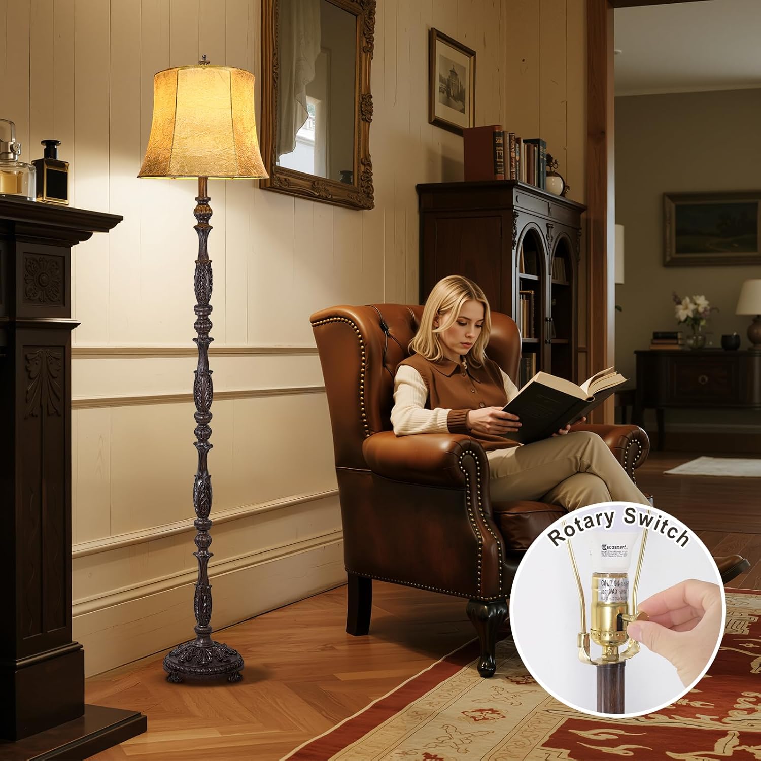 Scenekoy Vintage 66�� Tall Floor Lamp for Living Room Bedroom, Retro Resin Carved Standing Lamp with Faux Leather Shade, 3-Way Adjustable Bulb, Rotary Switch Rustic Corner Light for Home Decor