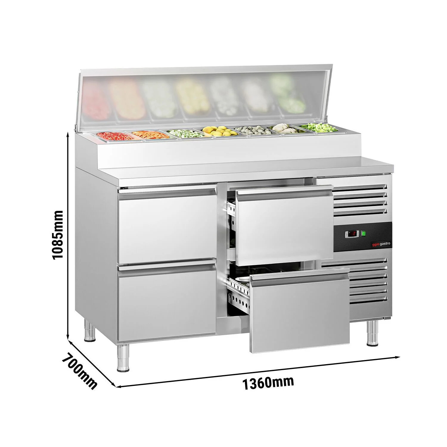 Saladette PREMIUM - 1360x700 mm - 4 skuffer - med lokk - for 7x GN 1/3 beholdere