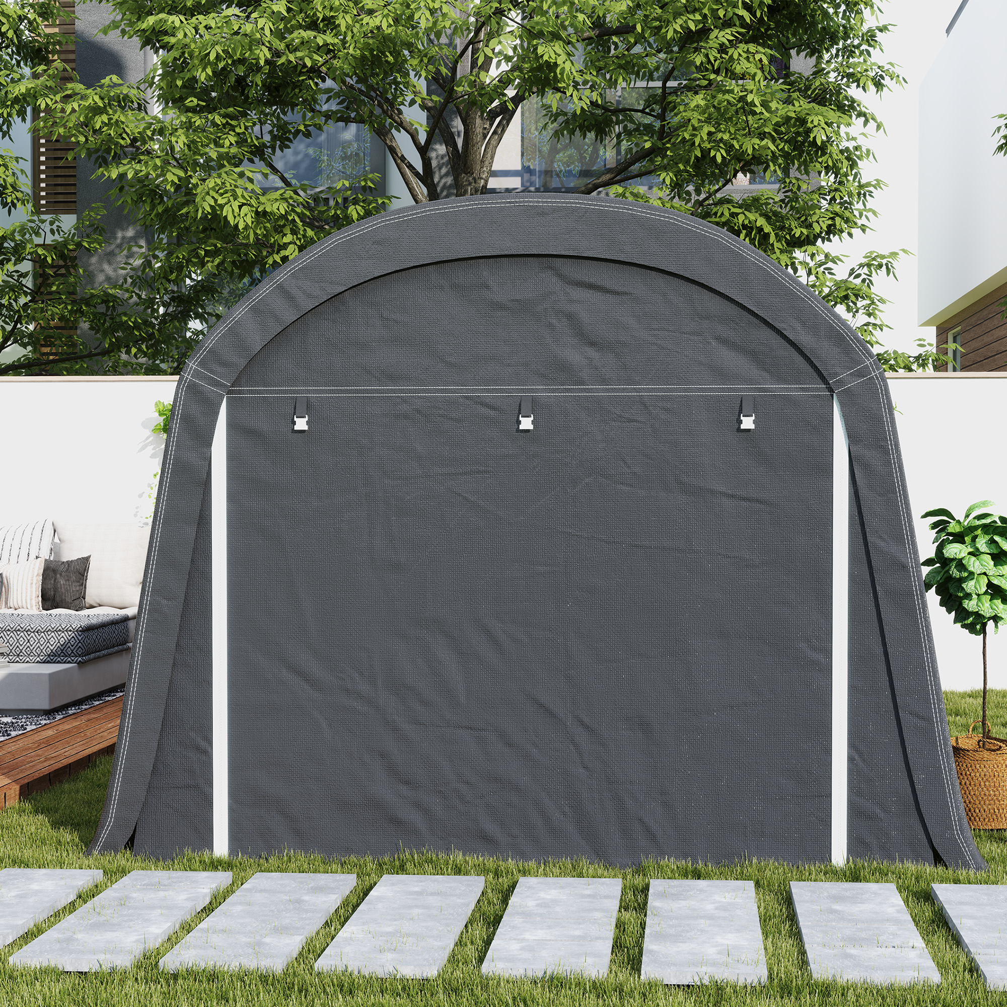 Tuinschuur met Kunststof Zeil, Gereedschapstent, Opzetbare Garage, 300B x 600D x 230H cm, Donkergrijs