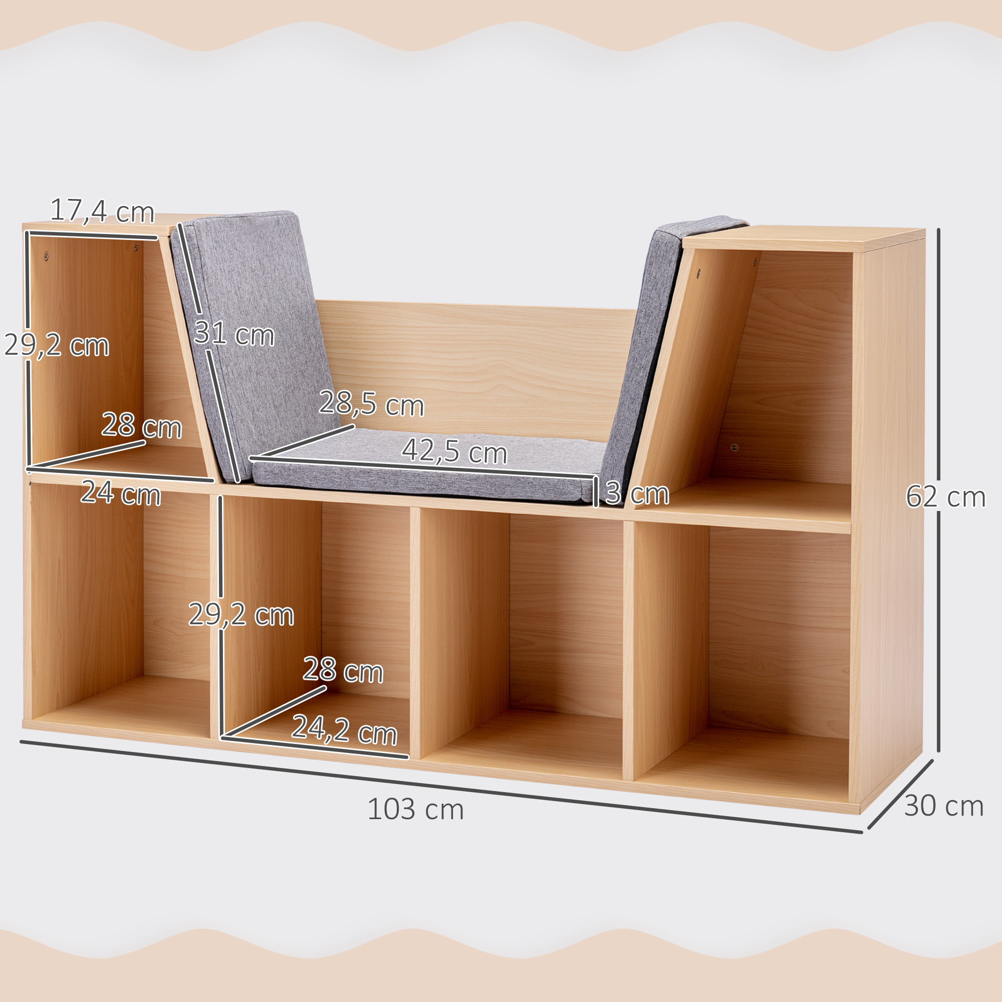 2-in-1 Kinderrek + Speelbank incl. Kussens 103 cm �� 30?cm �� 62 cm Grijs + Naturel