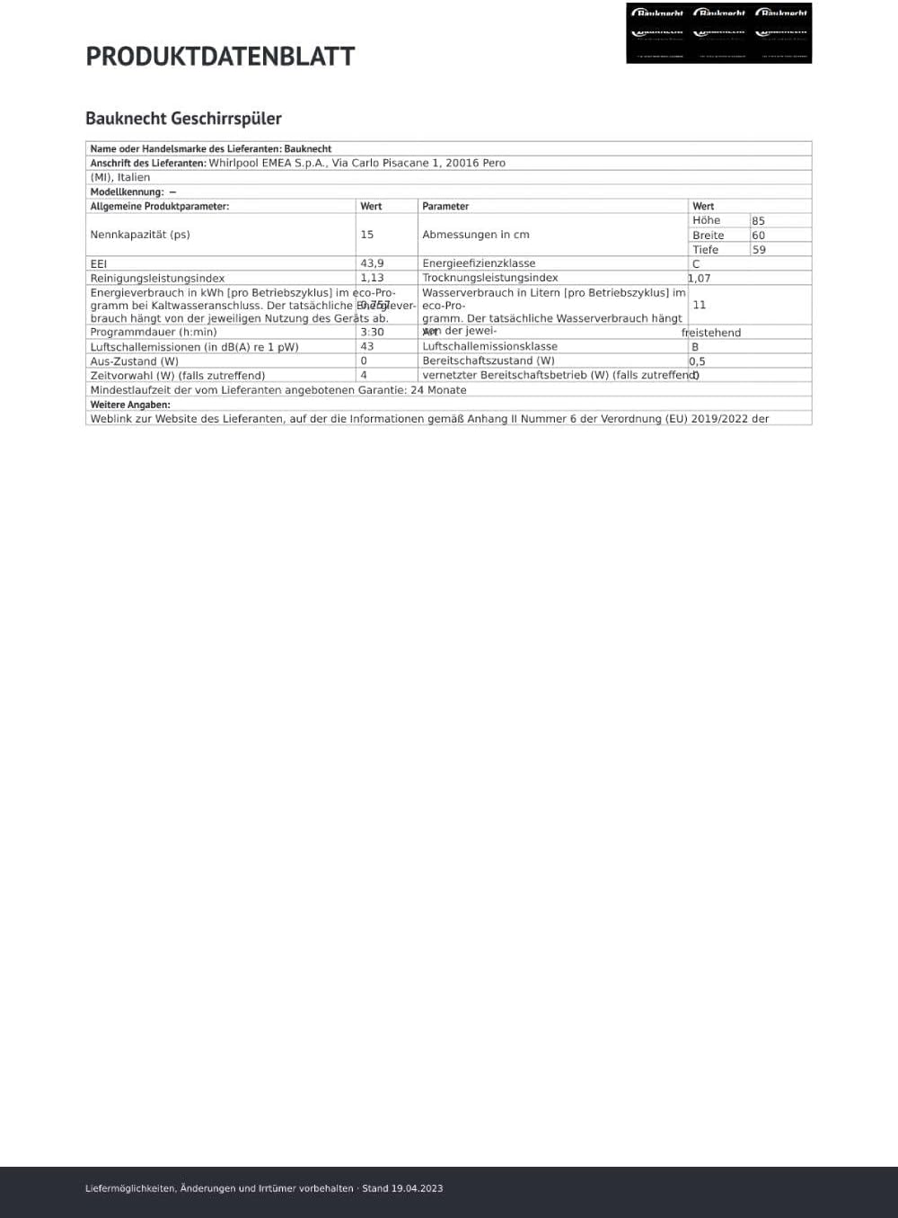 Bauknecht B7F HP43 XA Freistehender Geschirrspüler/ 60 CM/ 15 Maßgedecke/PowerClean Pro-Effektive Hochdruckdüsen/Natural Dry-Automatische Türoffnung-Bessere Trocknung/Maxi Space-Mehr Innenraum