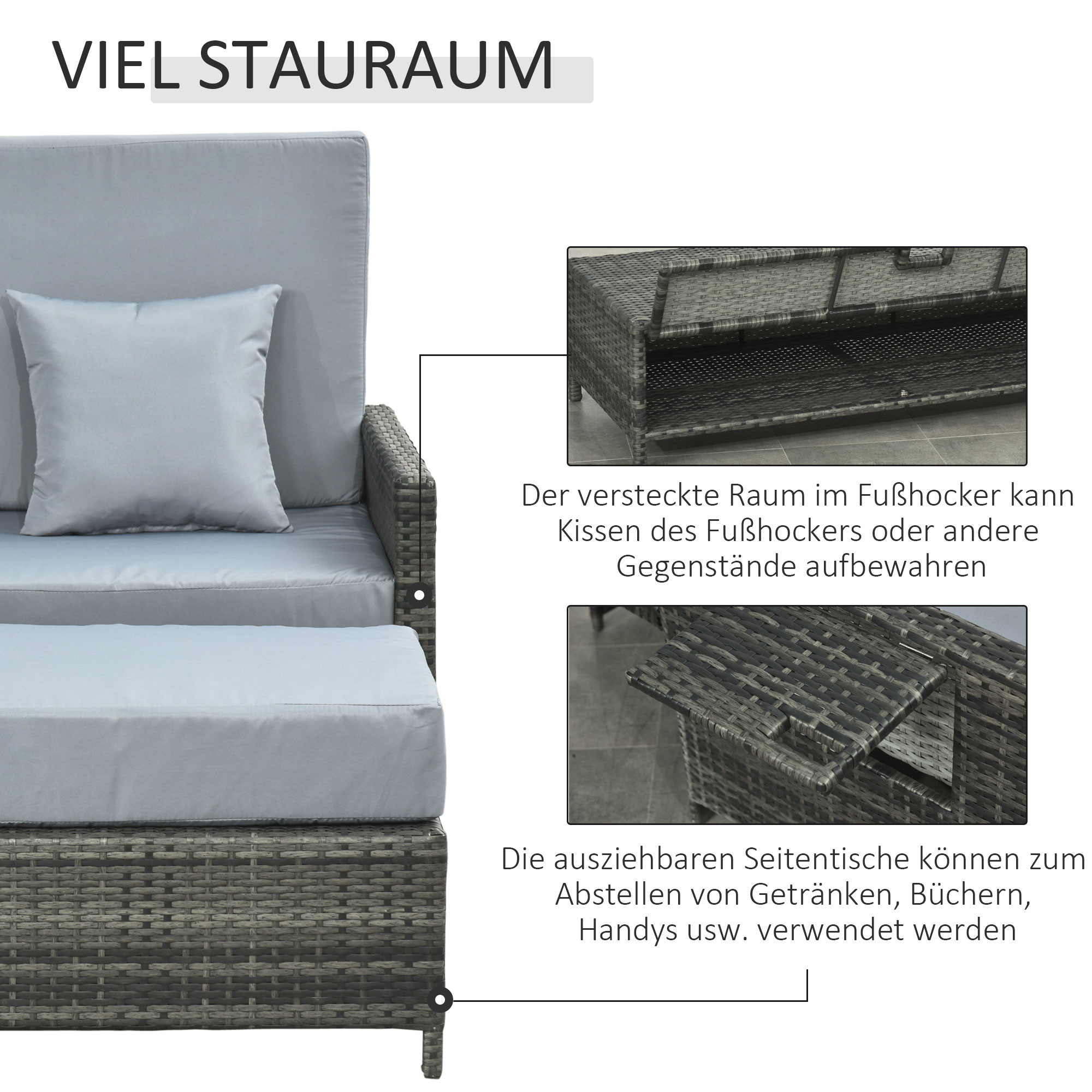 Outsunny Poly-rotan loungebank 2-zits set ligstoel kruk grijs