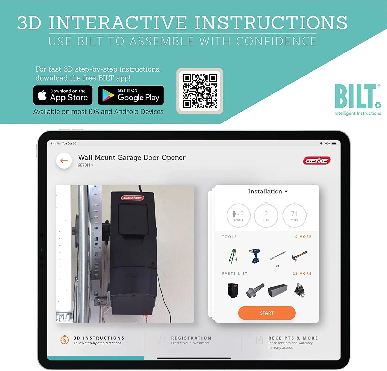 Genie 6172H O Smart Wall Mount Garage Door Opener with Aladdin Connect, Space Saving Design, Quiet 24v DC Motor