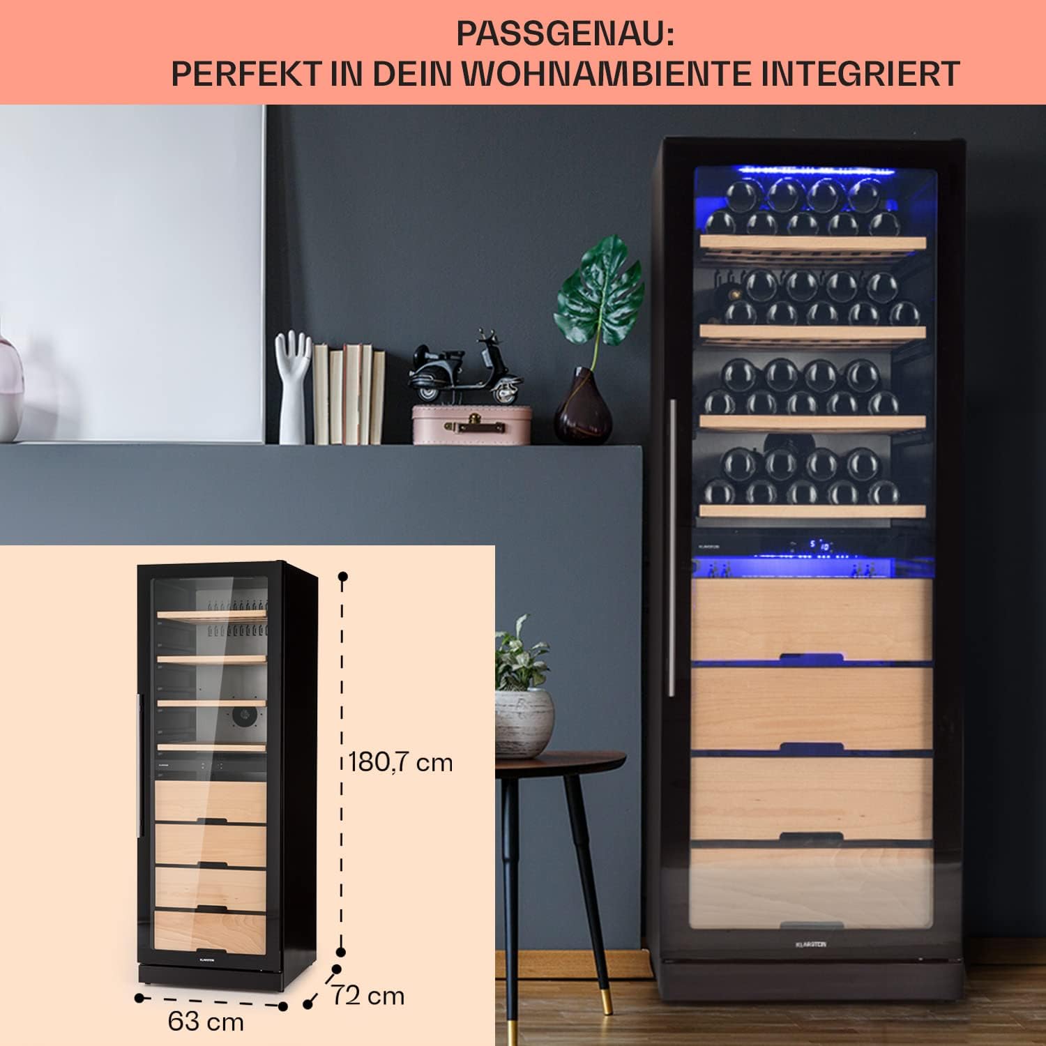 Klarstein Weinkühlschrank, Getränkekühlschrank Schmal, 2 Zonen Kühlschrank mit Glastür, Getränkekühlschränke Freistehend, Weinkühlschrank Klein, Weinkühlschränke mit UV-Schutz, 5-18°C, 123 Flaschen