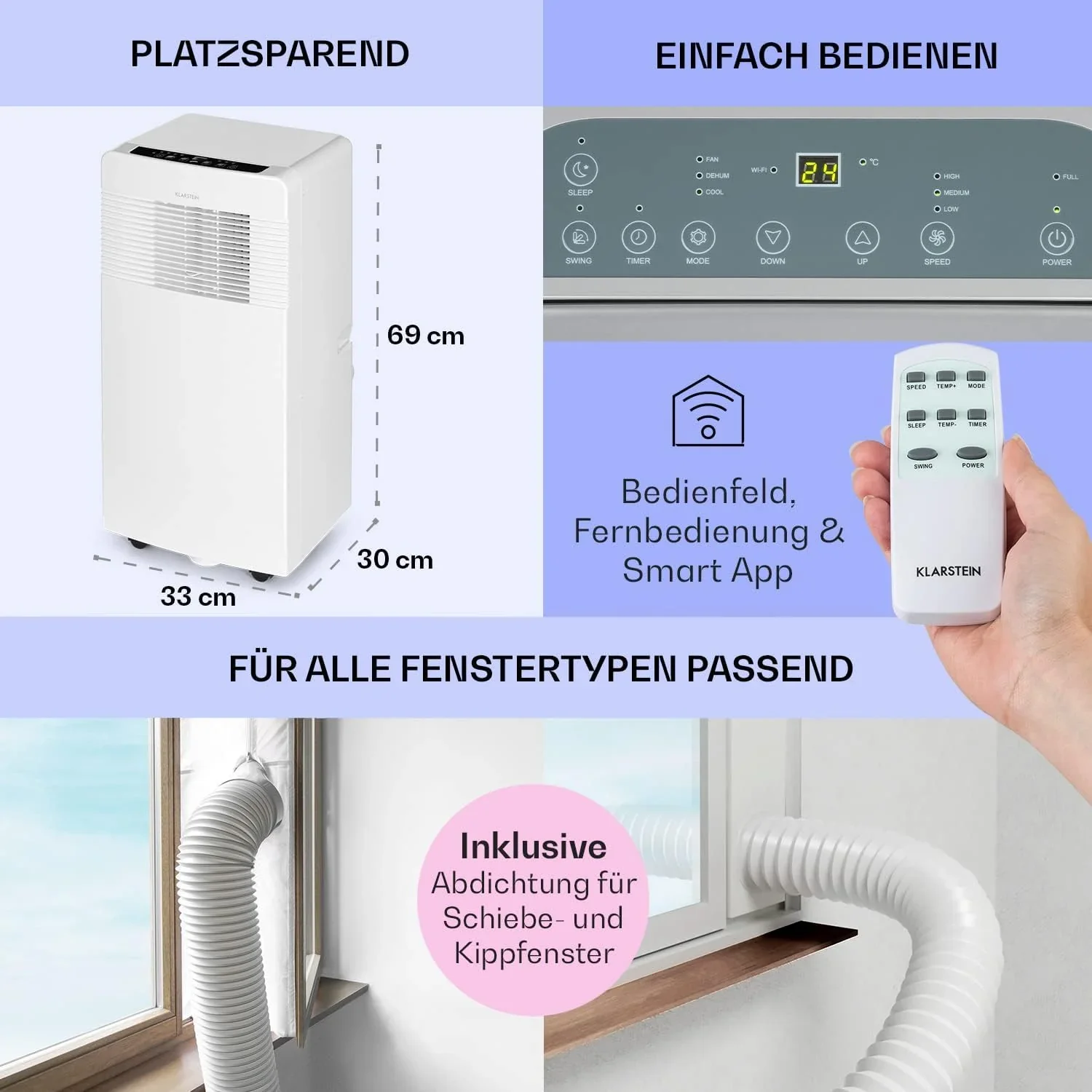 Klarstein Mobile Klimaanlage mit Abluftschlauch, 3-in-1 Klimager?t mit Ventilator, Luftentfeuchter & Nachtmodus, Kleine & Portable Klimaanlage f��r Wohnung & B��ro, 12000 BTU Niedrig Verbrauch