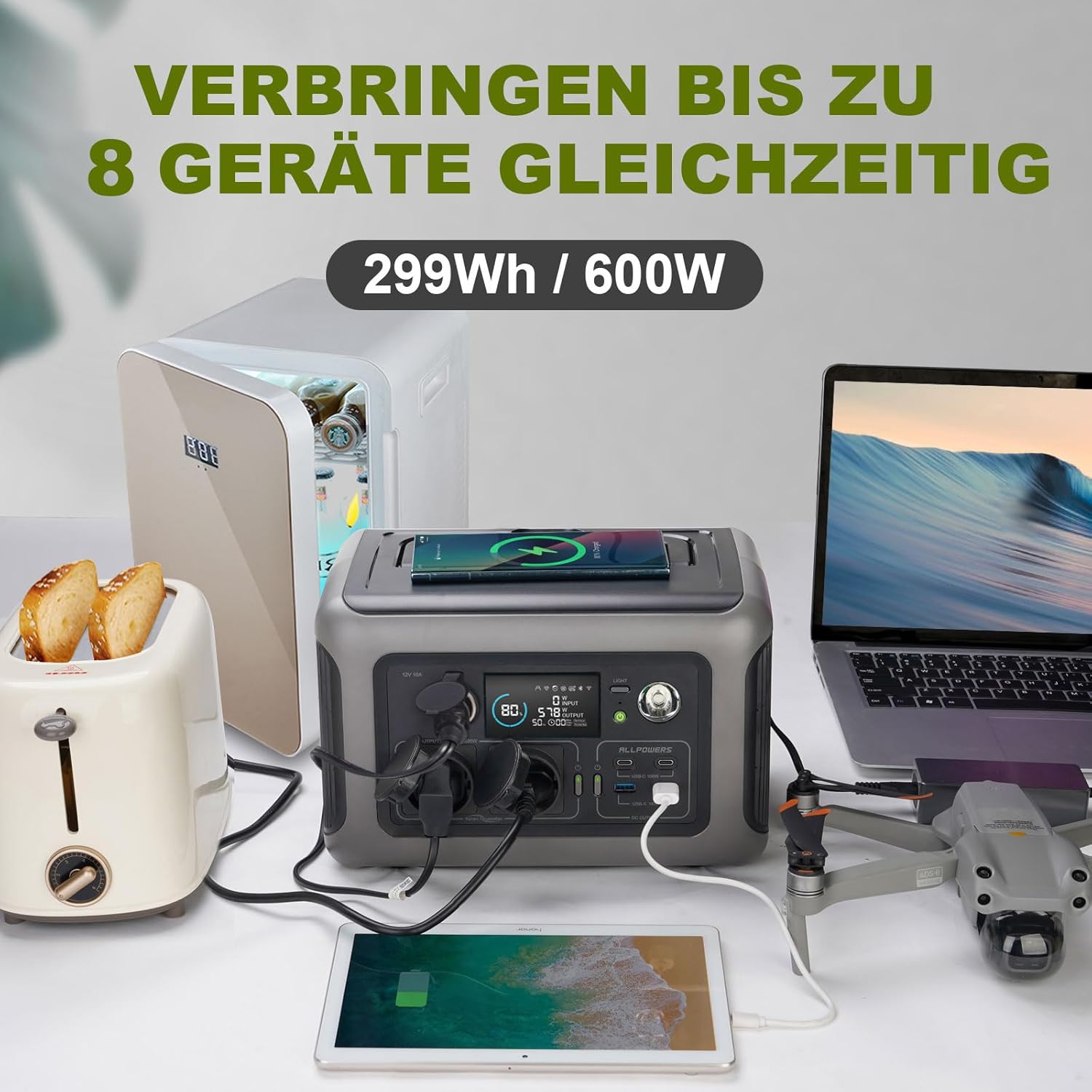 ALLPOWERS R600 Tragbare Powerstation, 299Wh LiFePO4 Batterie mit 2x 600W (1200W Spitze) AC Ausgang Solargenerator, 0-100% Schnellladung in 1 Stunde für Garten Party Reise Camping Wohnmobil Notfall