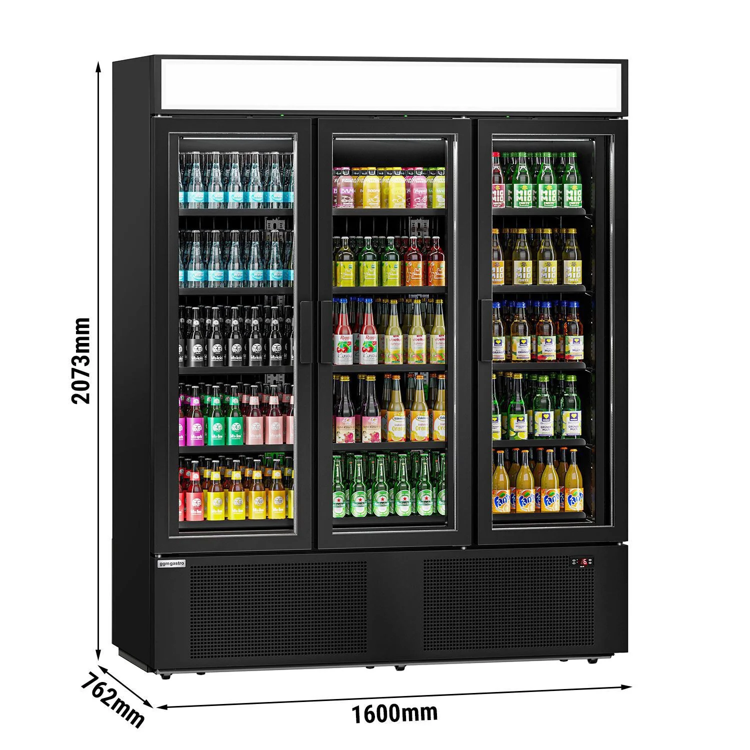 Displaykjøler - 1600 mm - 891 l - med 3 glassdører - svart