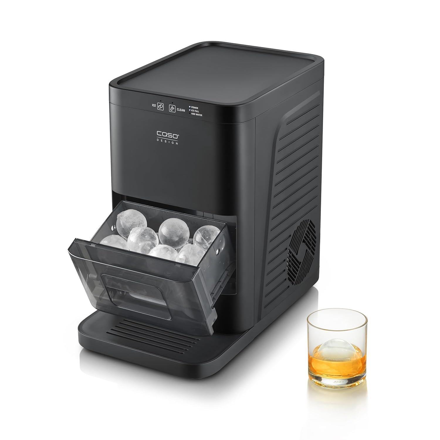 CASO IceBall Pro Eiskugelbereiter mit Kompressor - Kristallklare Eiskugeln 50-55 mm, 2 Kugeln/Stunde, 1,3 l Wassertank, Selbstreinigung, LED-Anzeige, mattschwarz