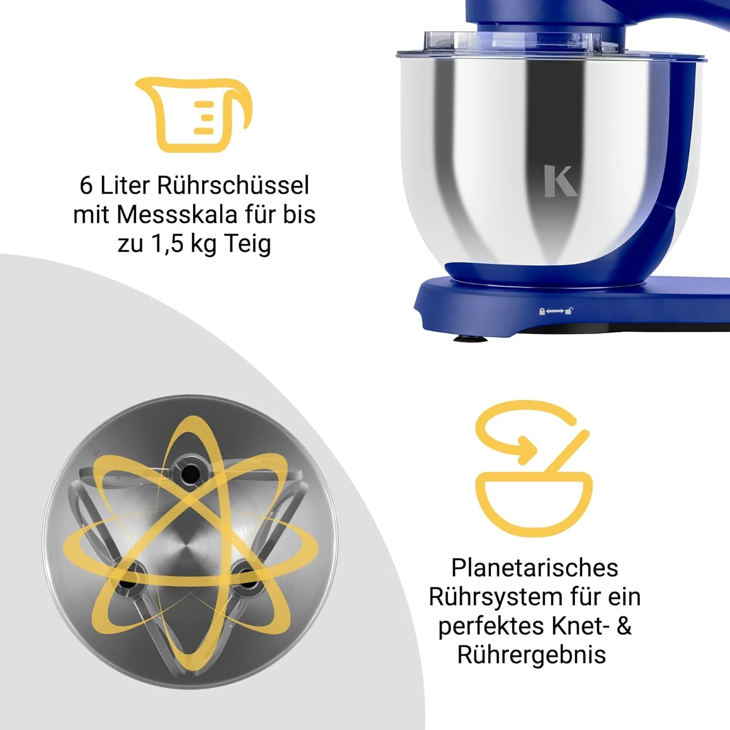 KLAMER Keukenmachine 1800W, Kneedmachine met 6 Liter RVS Kom, 10 Snelheidsstanden met Timer, Klopper, Deeghaak, Garde en Spatdeksel
