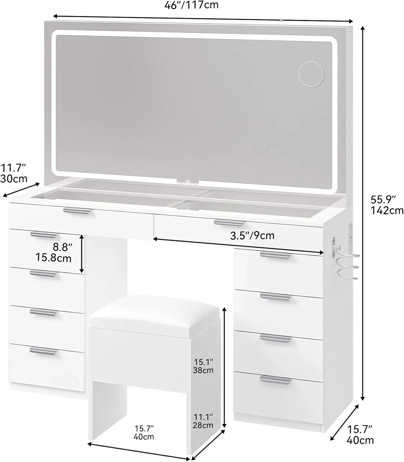 YITAHOME Vanity Set with LED Mirror, 10 Drawers, Stool Included
