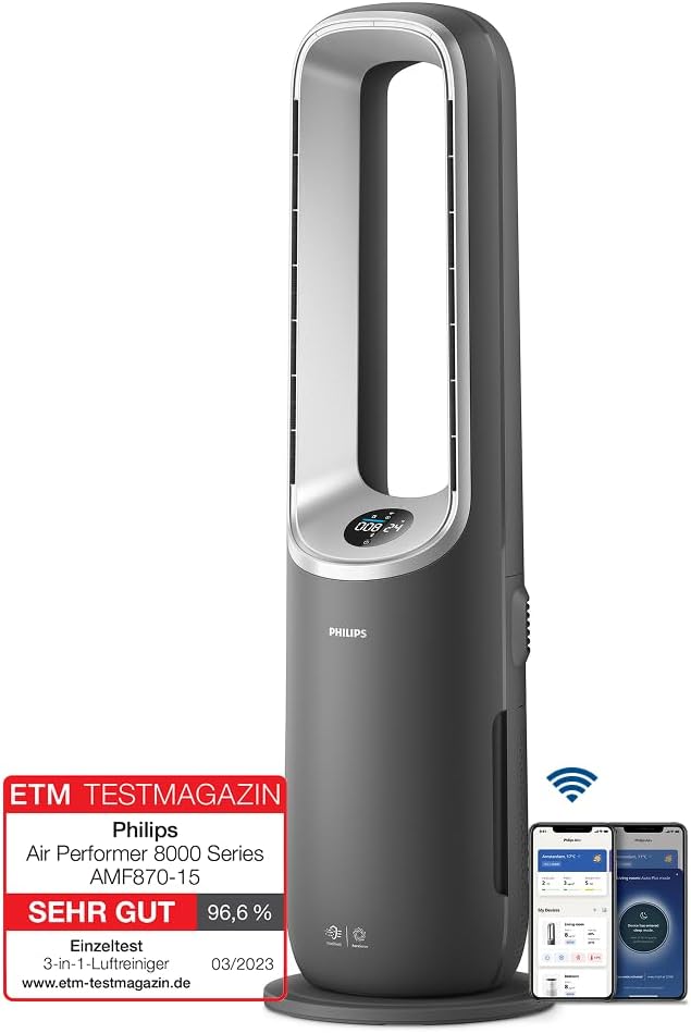 Air Performer 3-in-1: Luftreiniger, Heiz- und KŸhlgeblŠse - Reinigt 70 m?, Entfernt 99,97% der Allergene und Schadstoffe. HEPA-Filter, Intelligente Sensoren, Alexa, App. (AMF870/15)