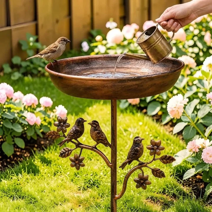 Vogeltr?nke f��r den Garten mit Erdspie? aus Metall in Kupfer-Optik �C Wetterfeste Vogelbadestelle f��r Wildv?gel und Beete