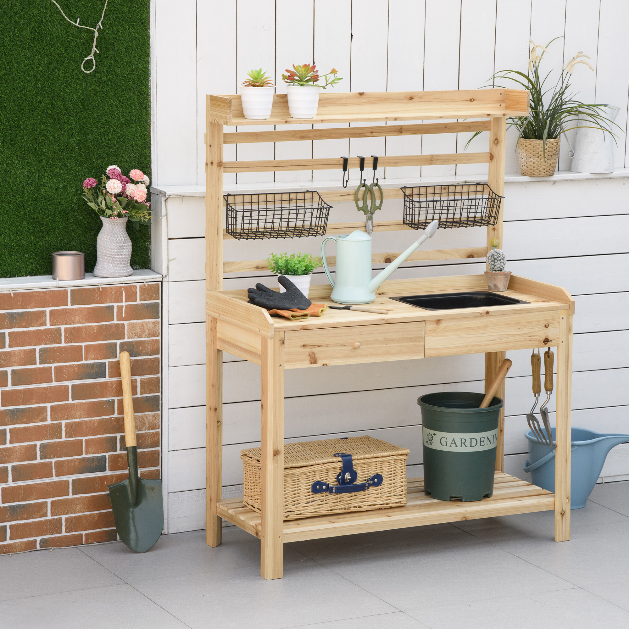 Outsunny Planttafel Tuintafel met Wastafel Houten Bloementafel met Ladehaak Mandplank Tuinterras Naturel 107,5 x 46 x 142 cm