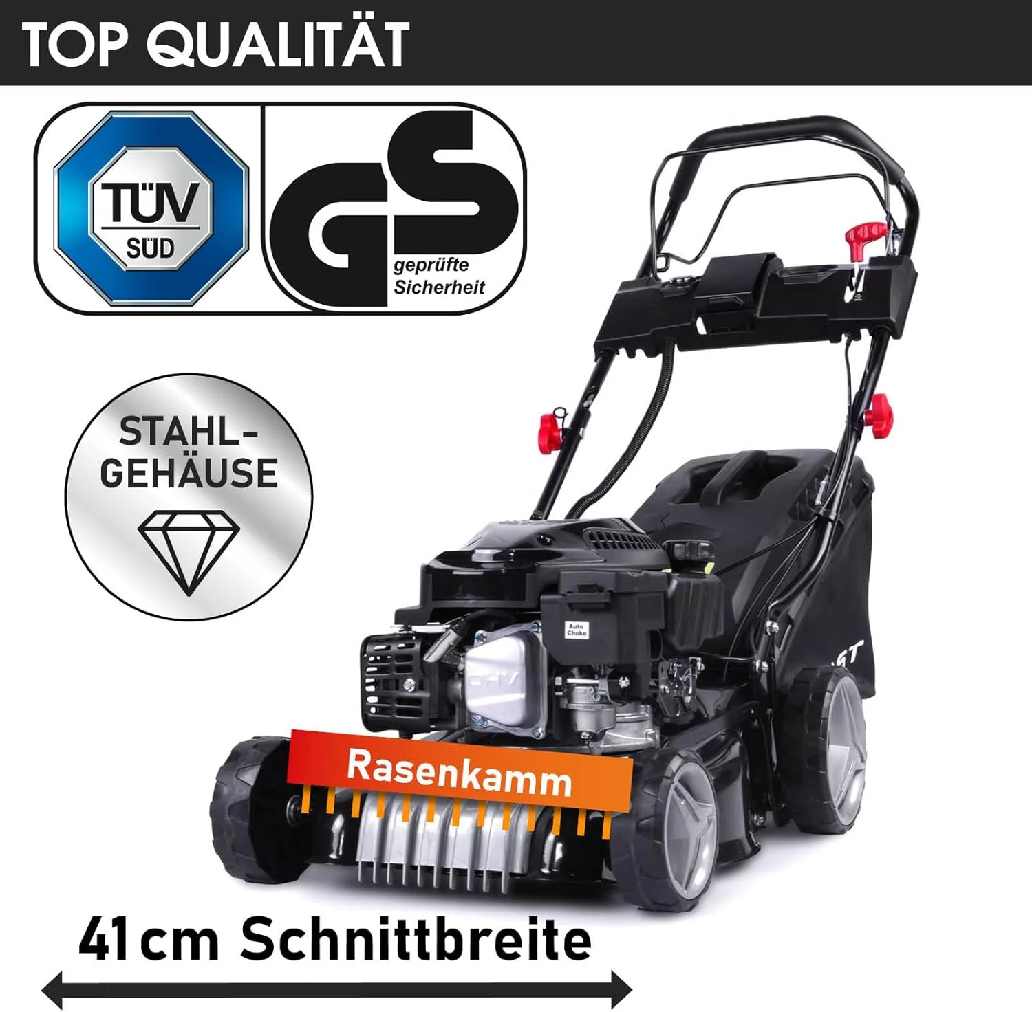 BRAST Benzine grasmaaier met aandrijving | 3,0 kW (4,1 pk) | Elektrische start | 41 cm maaibreedte | vele modellen | T��V | 4-takt OHV-motor | 25-75 mm maaihoogte | 40 L opvangbak | Stalen behuizing | 16145 Estart