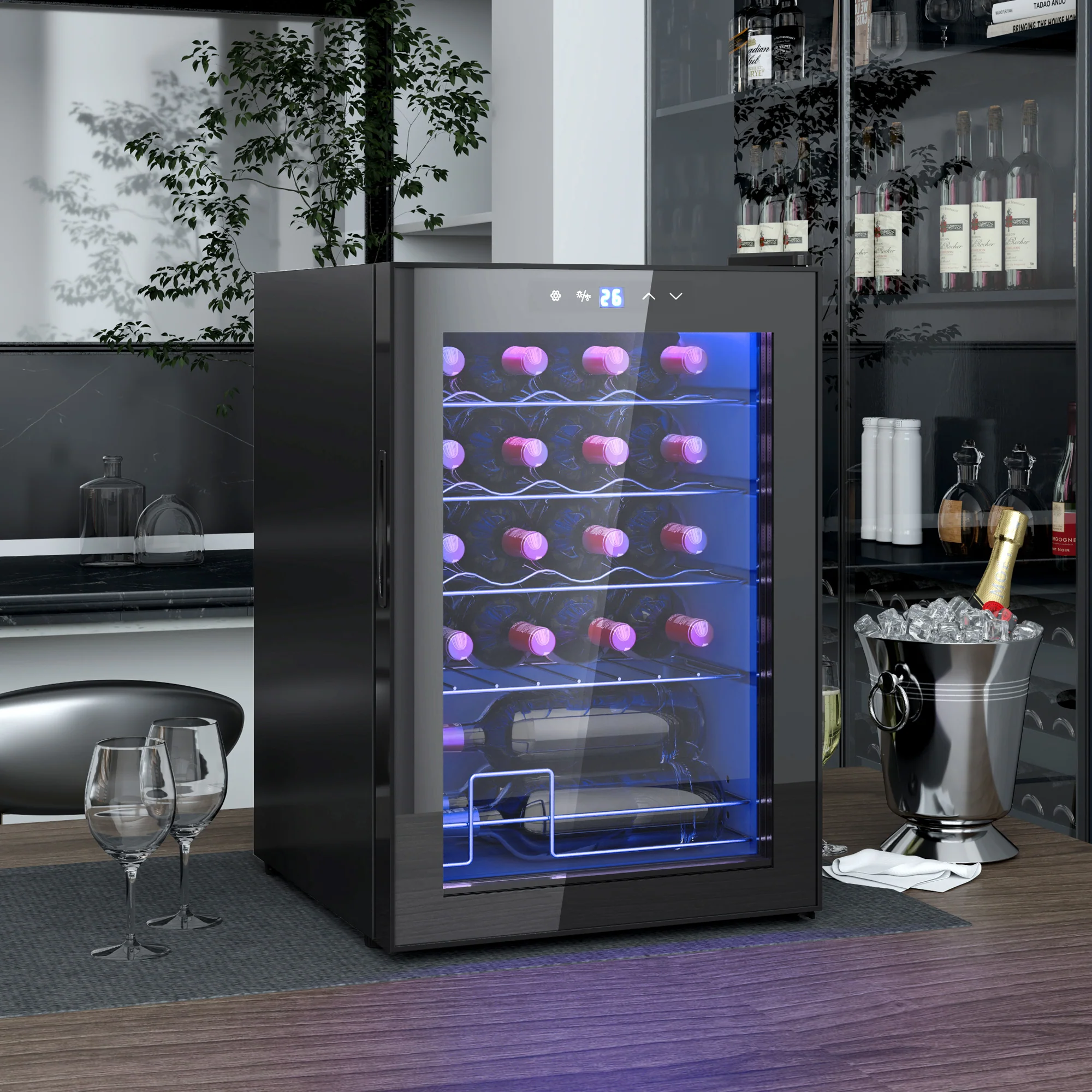 HOMCOM Kleine Wijnkoelkast, Mini-Koelkast voor 20 Flessen, 53 Liter Capaciteit, met Glazen Deur, LED-Verlichting, Zwart