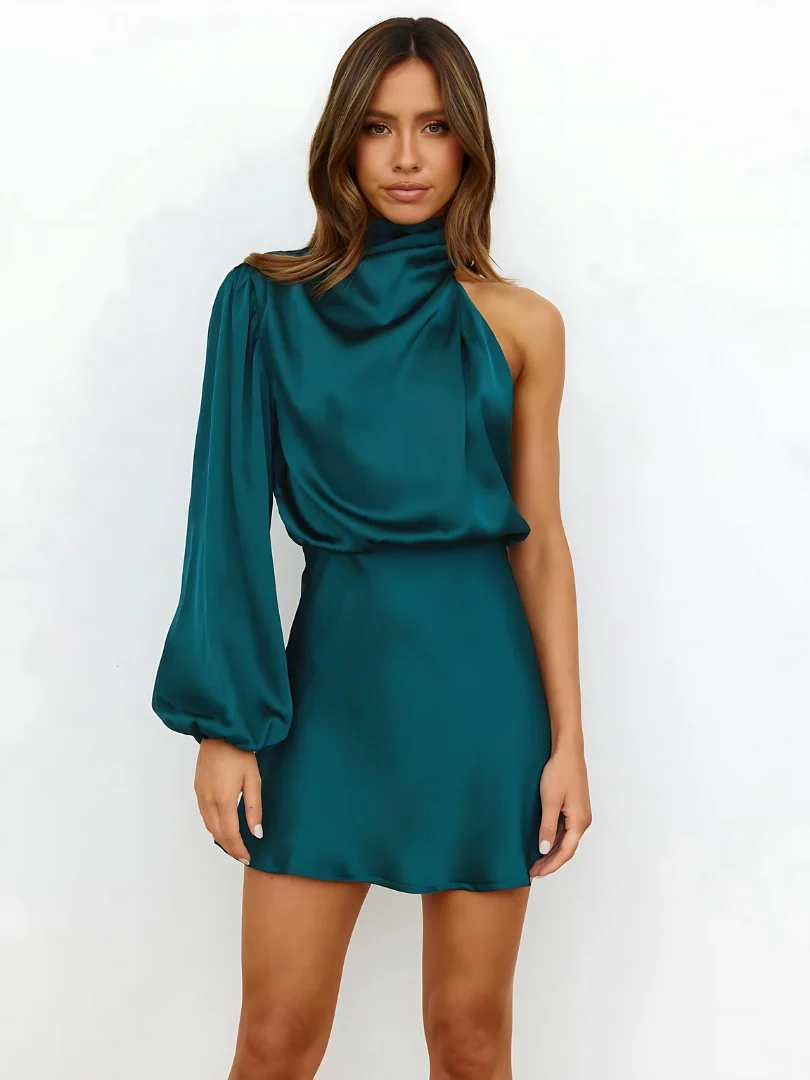 One-Shoulder Satin Kleid Damen - Elegantes asymmetrisches Abendkleid mit langem ?rmel f��r besondere Anl?sse & Partys
