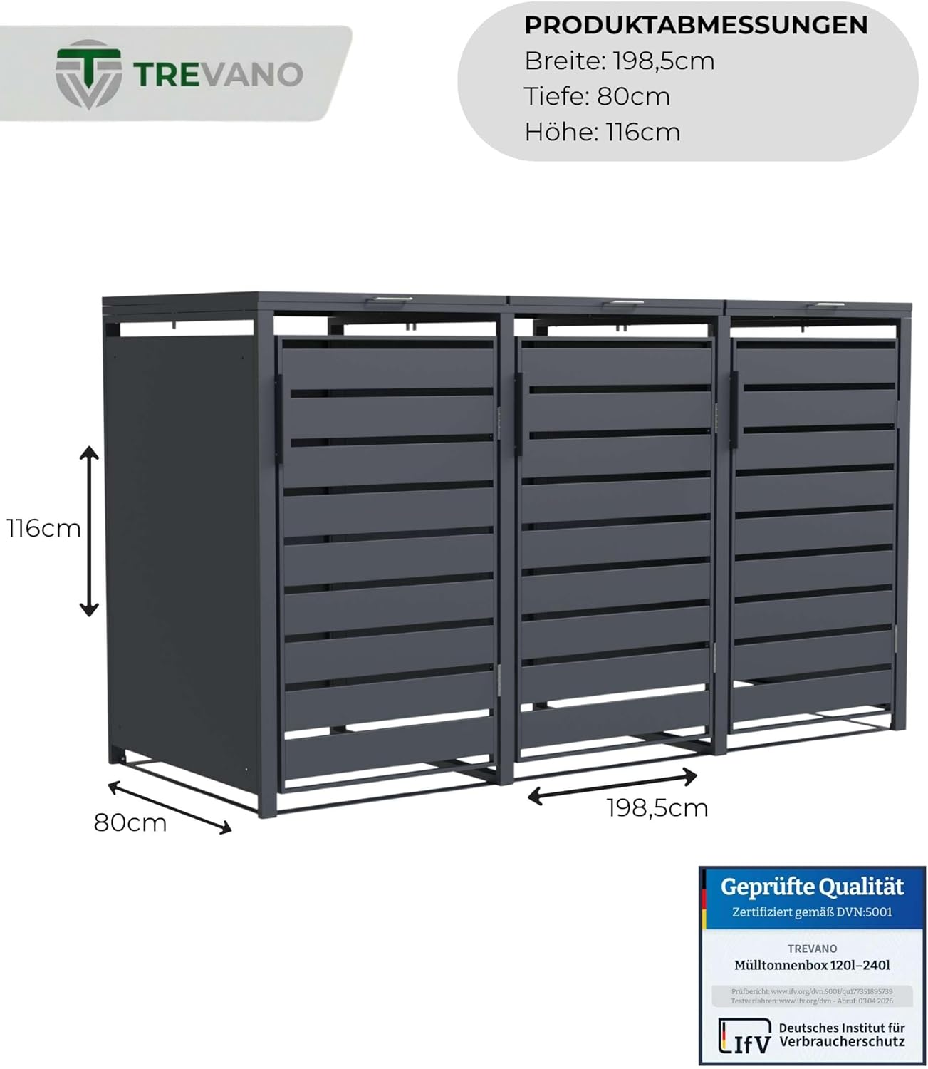 TREVANO Mülltonnenbox 3er 240l - Mülltonnenverkleidung 3 Tonnen Anthrazit - Robustes Mülltonnenhaus aus Stahl - Wetterbeständige Müllboxen für 3 Tonnen - Mülltonnen Unterstand 120l-240l
