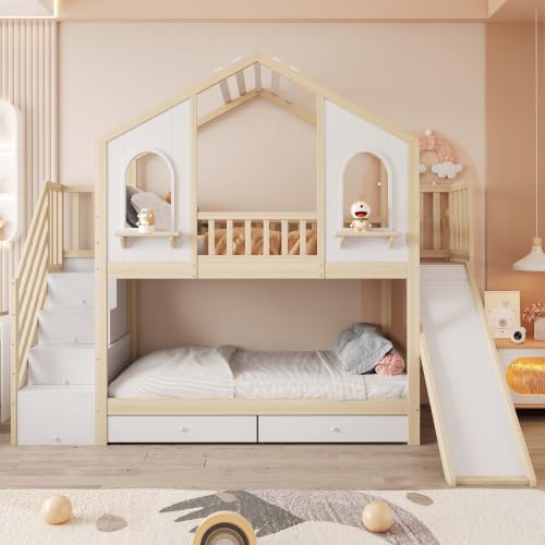 Kinderbett Etagenbett 90x200, Hochbett Hausbett mit Rutsche&Aufbewahrungsleiter&2 Schubladen&Fenstern&Dach, Stockbett Doppelbett Holzbett mit Lattenrost&Rausfallschutz, Kiefer,Ohne Matratze,Holzfarbe