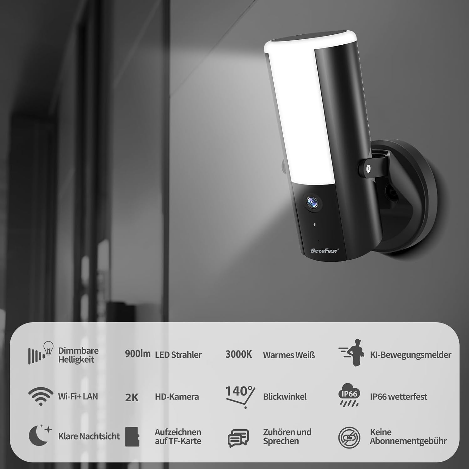 SecuFirst Wandleuchte Kamera, Kabelgebundene Außenleuchte mit Kamera mit Bewegungsmelder, 900LM,10W,2K Outdoor Überwachung mit LED Strahler, 2 STK.