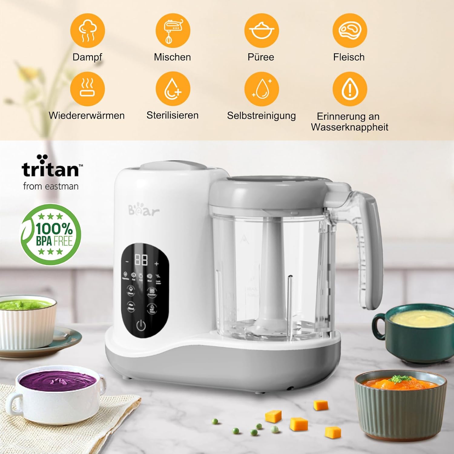 Bear Babynahrungszubereiter,Eine Stufe Baby Food Maker Dampfgarer Mixen,Automatisches Kochen & Zerkleinern,Babybrei Zubereiter mit Selbstreinigungsfunktion,Wei