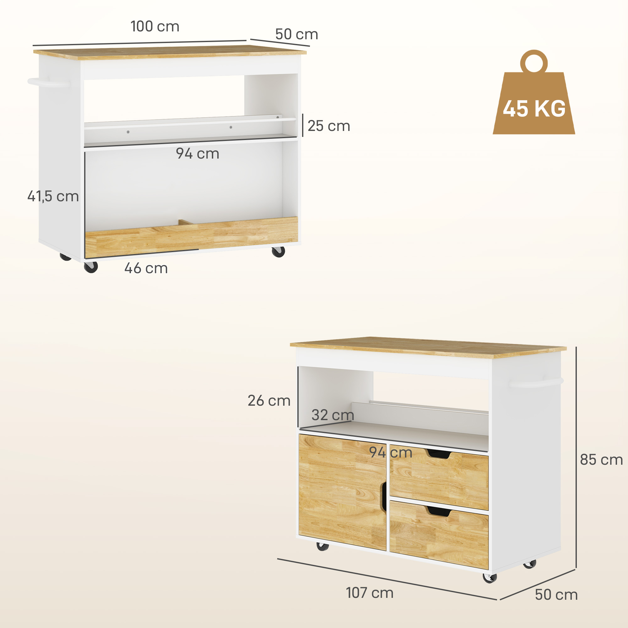 Keukentrolley, Rolbaar Keukeneiland, Keuken-Trolley met Vakken, Kast en Werkblad, Wit