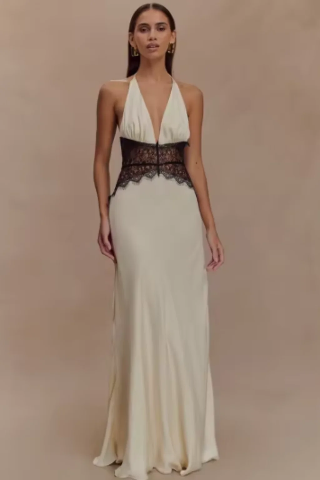 R��ckenfreies Maxikleid f��r Damen | Neckholder Abendkleid mit tiefem Ausschnitt & Spitze | Elegantes Kleid f��r Hochzeitsg?ste