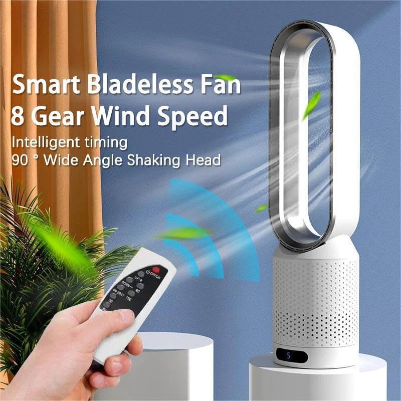 Ventilator ohne Schaufel, leiser Säulenventilator, 90° Oszillation und 8 Geschwindigkeitsstufen, Ventilator ohne Flügel, mit Fernbedienung und Touchscreen, Luftreinigung, für Schlafzimmer (blau)