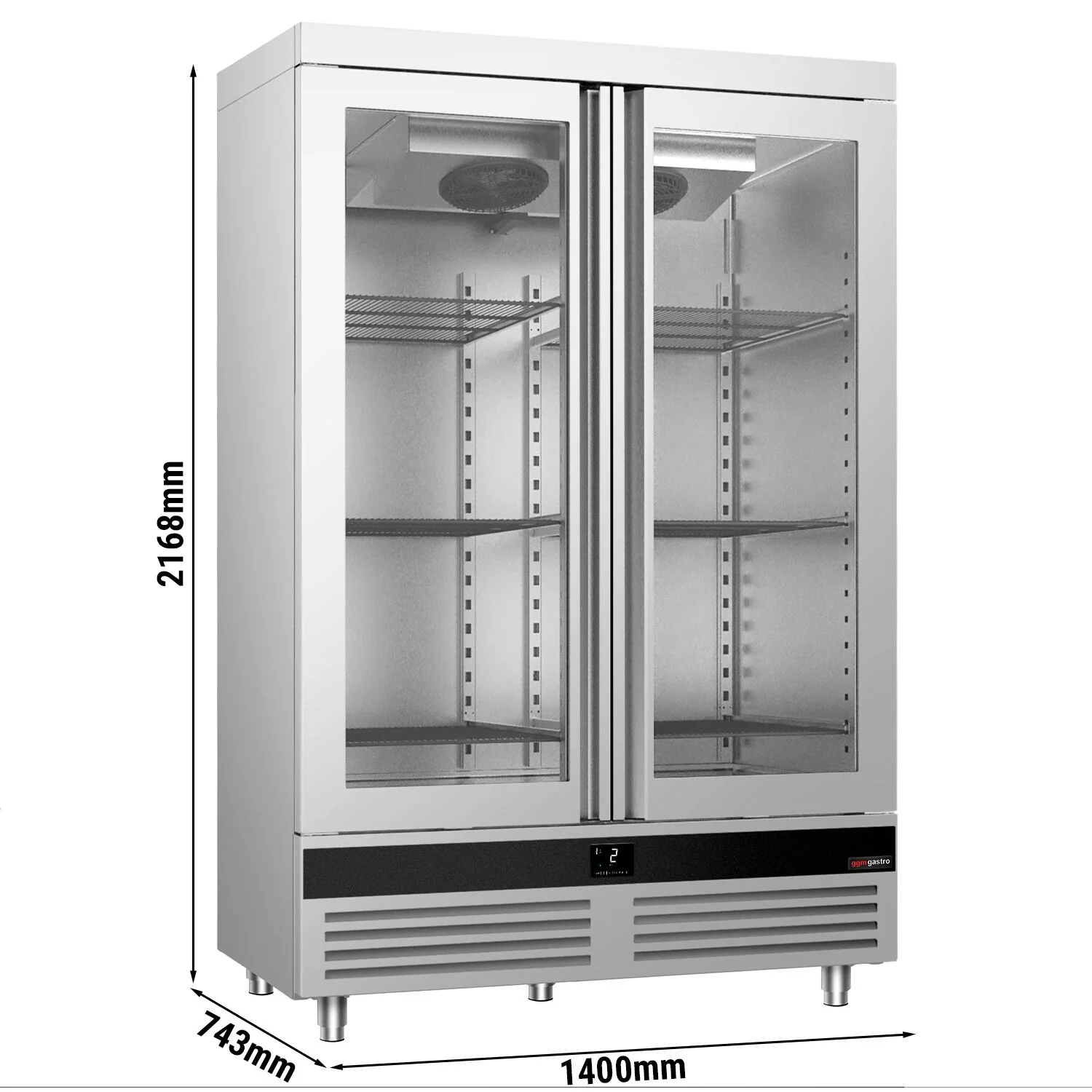 Kjøleskap i rustfritt stål PREMIUM - 1 400 l - -2 °C til +8 °C - med 2 glassdører - LED-belysning, R290