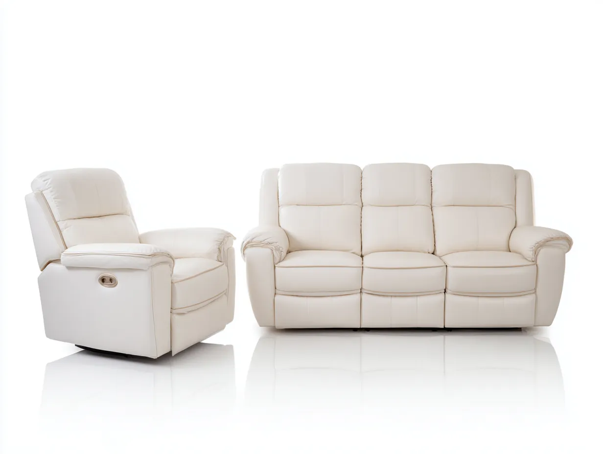 Relaxsofa Sets-Leder-Metall-Holz-214x98x104 cm-creme-modernes Design