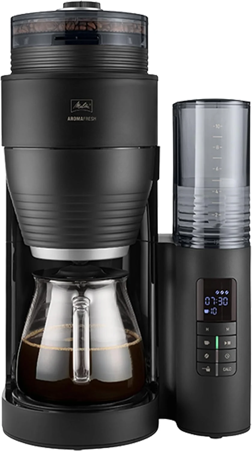 Melitta AromaFresh X - Kaffeemaschine mit Mahlwerk, Filterkaffeemaschine mit Glaskanne und Tropfstopp, f��r bis zu 10 Tassen Kaffee, schwarz/silber