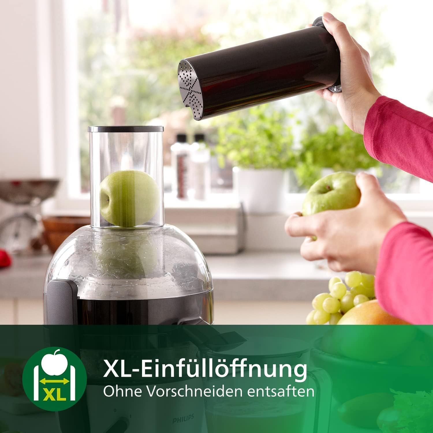 Philips Entsafter – 1100W, 2L, HomeID-Rezepte-App, XXL-Einfüllffnung, QuickClean (HR1921/20), 25 x 43.2 x 29.6 cm, Edelstahl