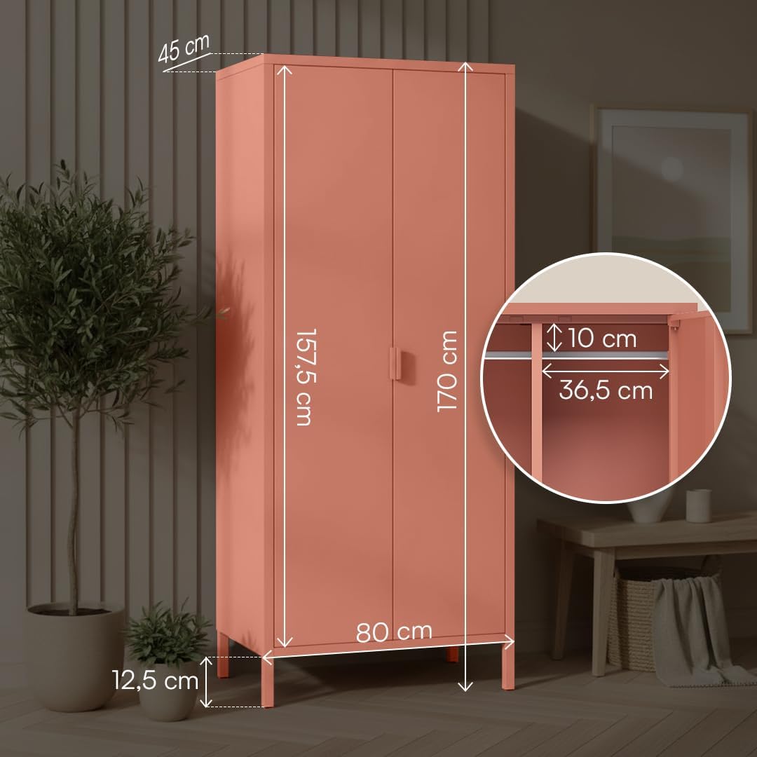 skølm Ituri Metallschrank Terrakotta – Kleiderschrank mit 6 Fächern & 2 Kleiderstangen – Garderobenschrank Flur 80 cm breit – Schlafzimmerschrank Industrial Style – Stahlschrank für Wohnzimmer & Büro