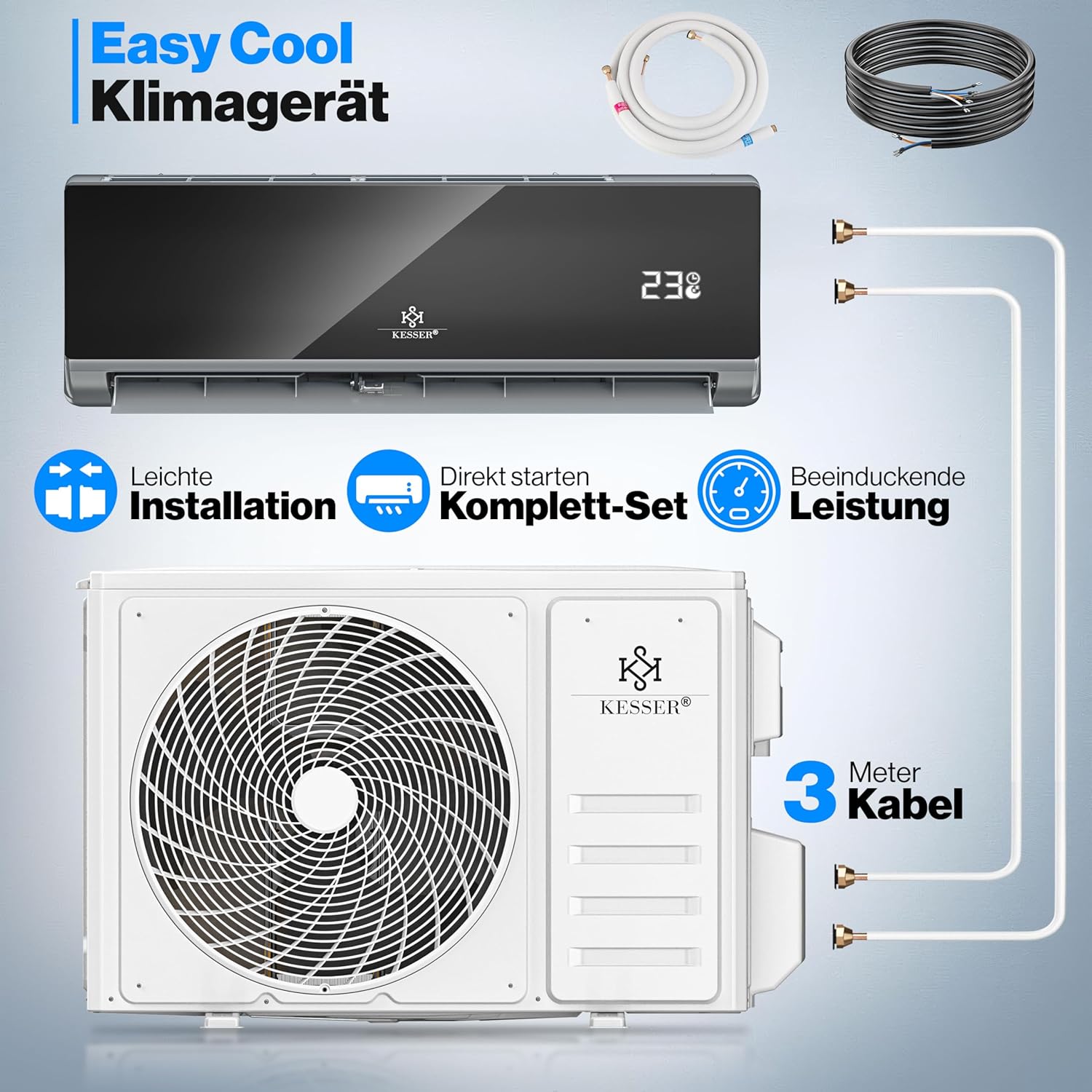 KESSER® Klimaanlage Set Split, WiFi/App Funktion Klimagerät, Kühlen A++/Heizen A+ -9000 BTU/h (2.600 W) sehr leise, Kältemittel R32, Fernbedienung, Timerfunktion, Montagematerial [Energieklasse A++]