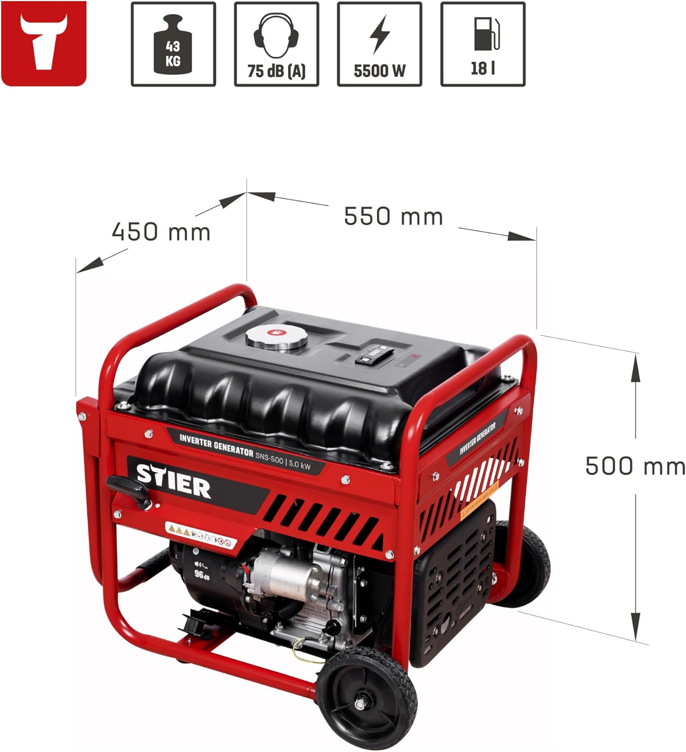 STIER Inverter Stromerzeuger SNS-500 5,0 kW 75 dB(A), Stromgerenator Benzin, Notstrommaggregat, wartungsarm, für den Außenbereich, zum Laden von Batterien geeignet, kompakt