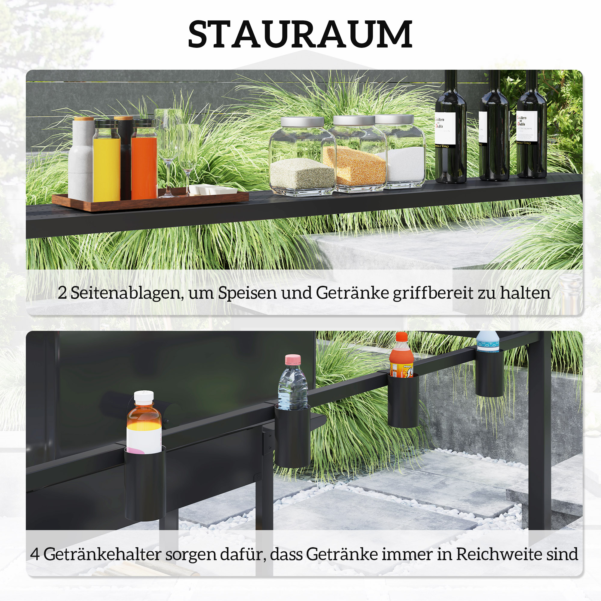 Grillpaviljoen 250 x 160 x 250 cm Waterdicht Tuinpaviljoen met Dubbellaagdak en Zijplanken, Zwart