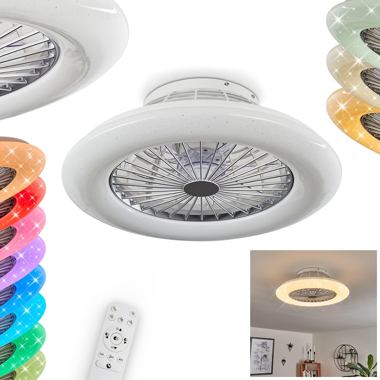 LED Deckenventilator Piraeus, Deckenlampe mit Ventilator aus Metall und Kunststoff in Weiß, RGB Farbwechsler, über Fernbedienung dimmbar, Timer und Nachtlicht, 40 Watt, 2200 Lumen, 3000-6500 Kelvin