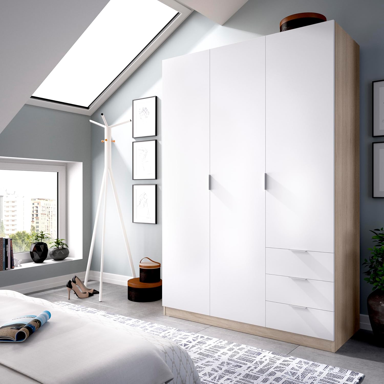 DEKIT GRUPO RIMOBEL Wardrobe with 3 Doors and 3 Drawers, Large Capacity, Natural/White, 121 x 184 x 52 cm