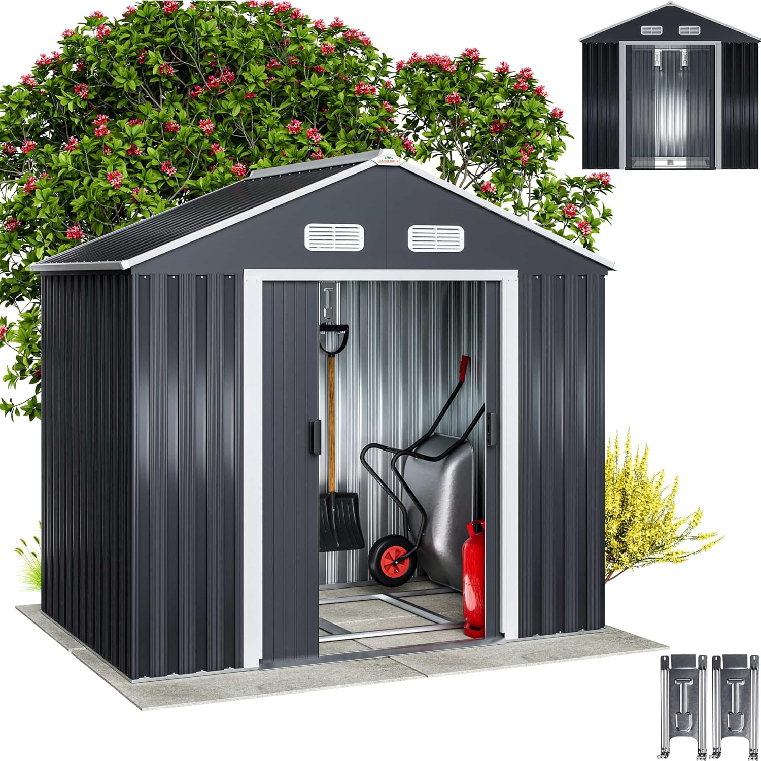 GARDEBRUK® XL Metall Gerätehaus 2m² mit Fundament 196x132x188cm Schiebetür Anthrazit Geräteschuppen Gartenhaus Schrank 4m³