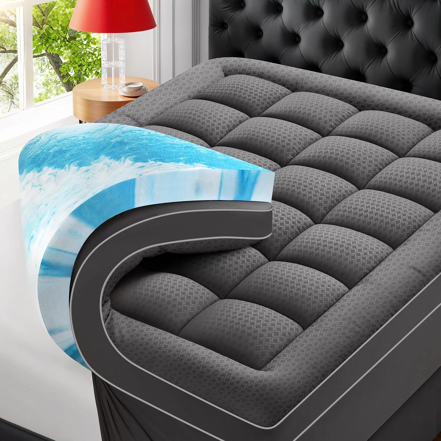 Premium Dual Layer 4 Inch Memory Foam Mattress Topper. 2 Inch Gel Memory Foam and 2 Inch Pillow Top Mattress Pad Cover for Back Pain. Extra Thick Comfort Support