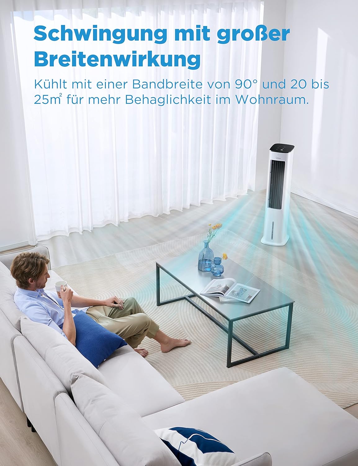 Midea Luftkühler mit Wasserkühlung, Klimaanlage Mobil, Ventilator mit 5L Wasserkühlung, Luftbefeuchter und Ionisation, Klimaanlage Ohne Abluftschlauch, 355m³/h, Ventilator mit Fernbedienung,55W,Weiß