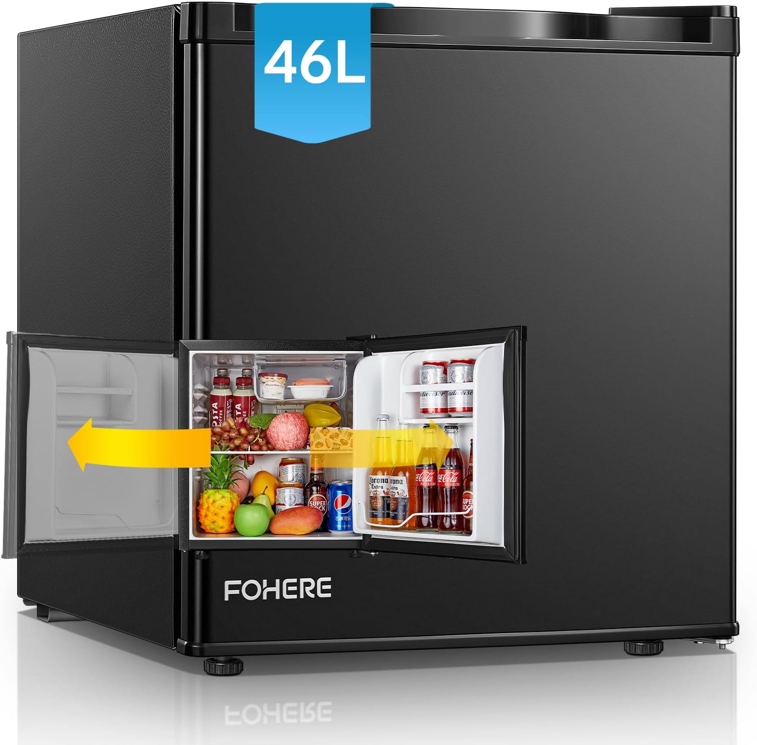 FOHERE Mini Kühlschrank 46L mit Eisfach | Kühlschrank Klein | Temperaturregelung, Energiesparend, Leise | Getränkekühlschrank Ideal für Büro, Camping und Gaming |Wechselbarer Türanschlag | Schwarz