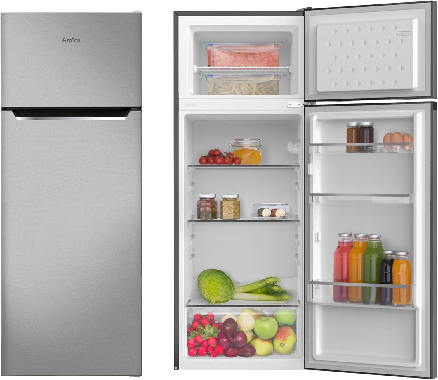 Amica Kühl‑Gefrierkombination freistehend 211 l FrostControl LED Beleuchtung 144 x 54 x 55 cm – Kühl Gefrierkombination Edelstahloptik