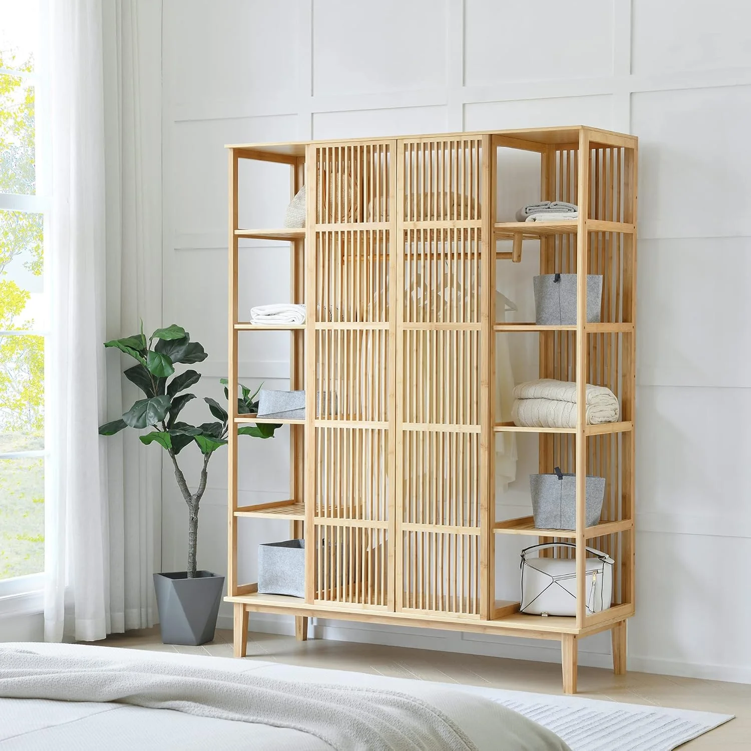 [en.casa] Armario para Ropa con 2 Puertas Deslizantes Clóset con 12 Estantes y 1 Barra de Colgar Perchero de Bambú 185 x 140 x 45 cm Natural