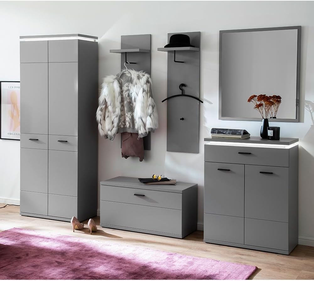 Lomadox Garderoben-Set 6-teilig mit LED-Beleuchtung in grau | Flurgarderobe in Arktis Grau, modern