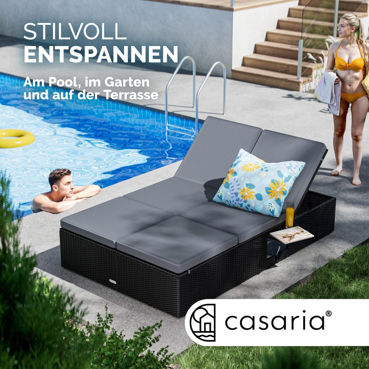 Casaria® Sonnenliege 2 Personen mit Klapptisch Gartenliege 7cm Auflagen Wetterfest 400kg Belastbar Liegestuhl Verstellbar Schwarz Anthrazit 200x115cm