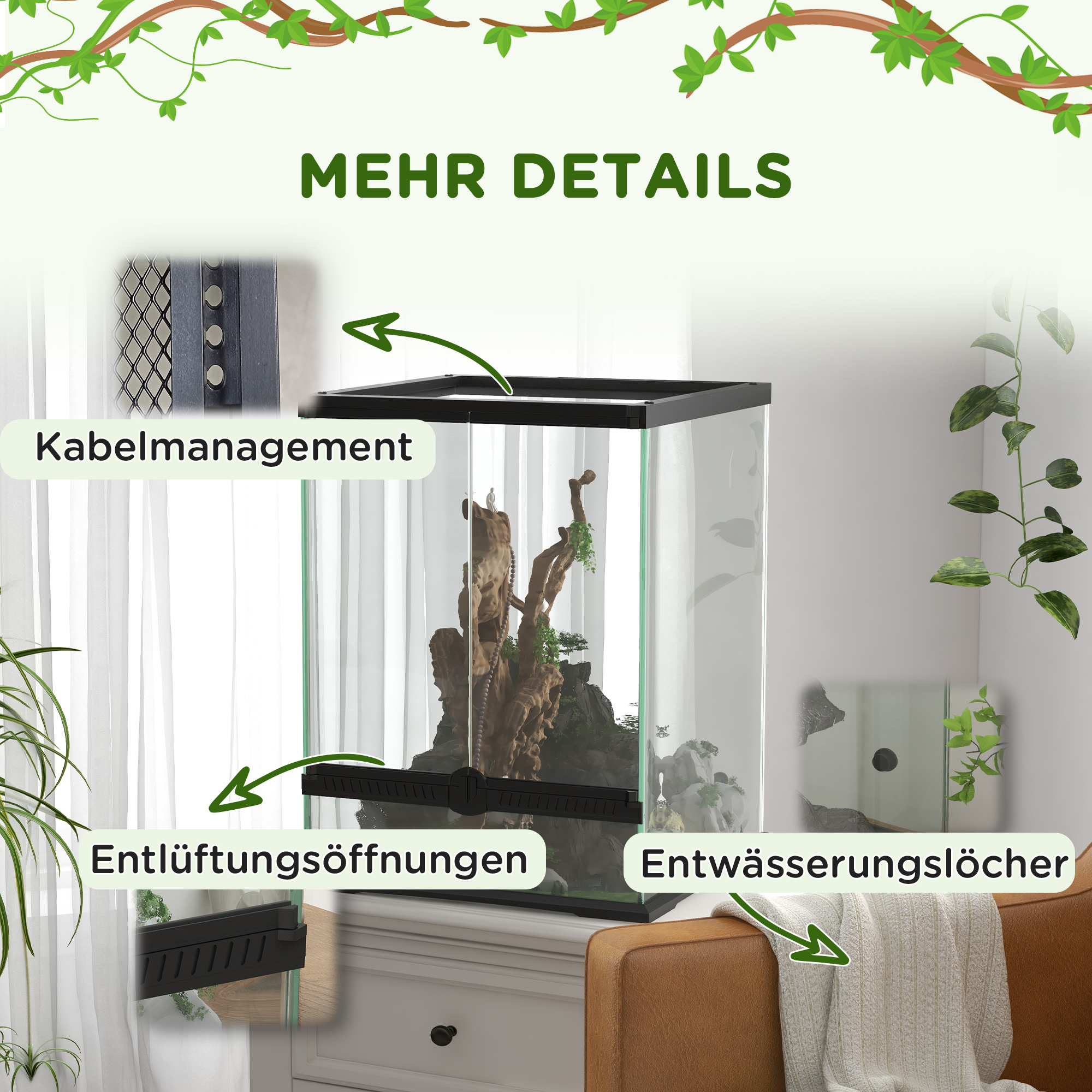 Afsluitbaar Terrarium, Glazen Behuizing, Kabelbeheer, 45x45x60cm, Zwart